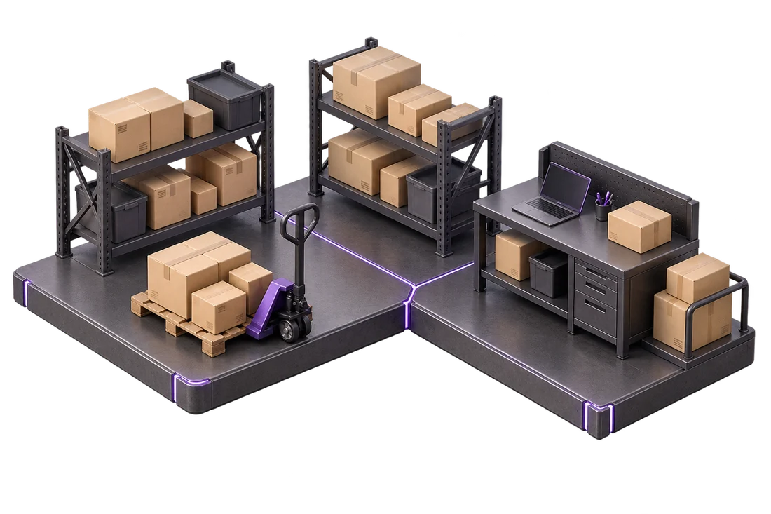 An architectural illustration of warehouse shelving, a pallet jack and a dispatch desk on connected modular platforms