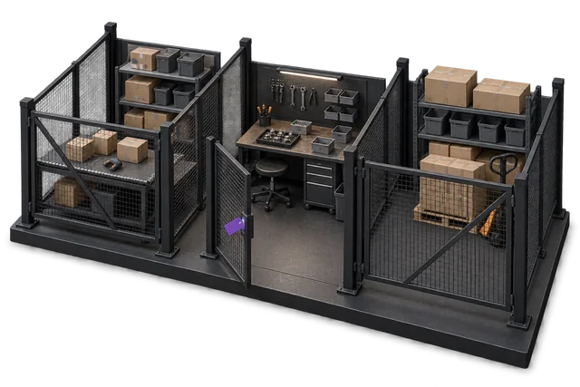 Conceptual illustration: Three separated work zones with a single access card opening one permitted gate.