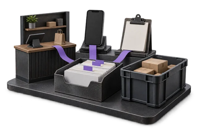 Conceptual illustration: Retail, online and trade-order sources feeding one organised order tray and stock tote.