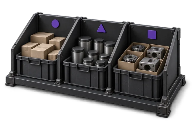 Conceptual illustration: Three divided storage bays holding separate stock families and uniquely shaped violet identifiers.