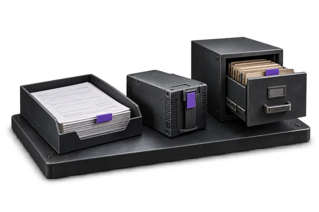 Conceptual illustration: An active record tray, storage cartridge and archive drawer with a shared record marker.