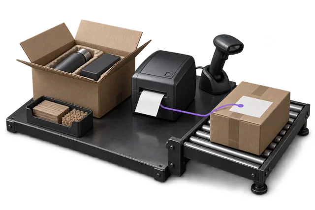 Conceptual illustration: A packing station, label printer and outgoing parcel joined by one violet reference.