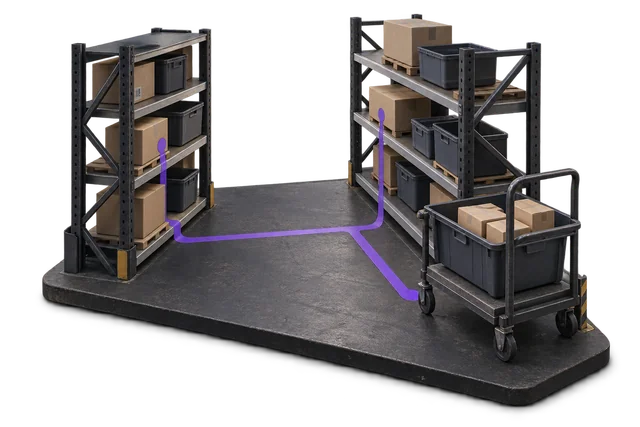 Conceptual illustration: Warehouse shelving and a picking tote connected by a short violet route.