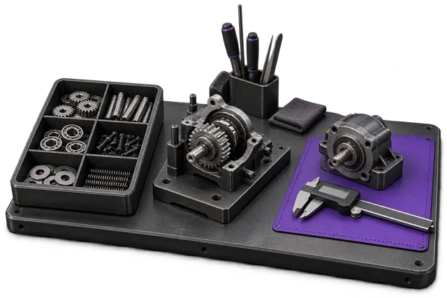 Conceptual illustration: Component trays, an assembly in progress and a finished part beside an inspection tool.