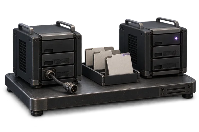 Conceptual illustration: A disconnected storage module, a second available module and records waiting for review.