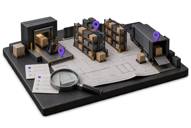 Conceptual illustration: A tabletop warehouse plan and representative records with a magnifying lens at a handoff.