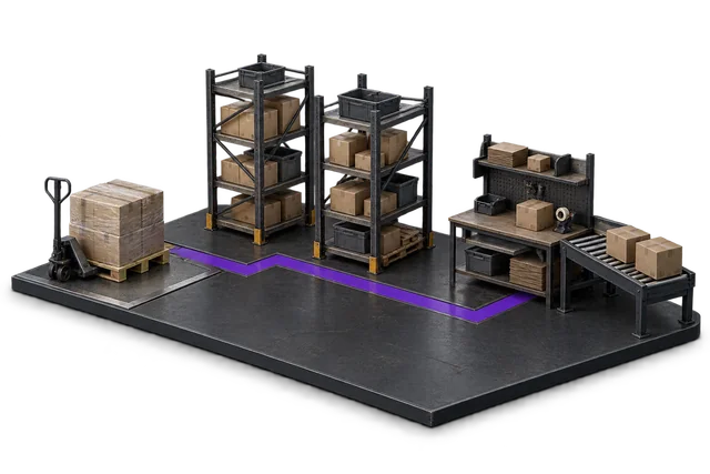 Conceptual illustration: A receiving pallet, storage racks and packing bench joined by a continuous violet route.