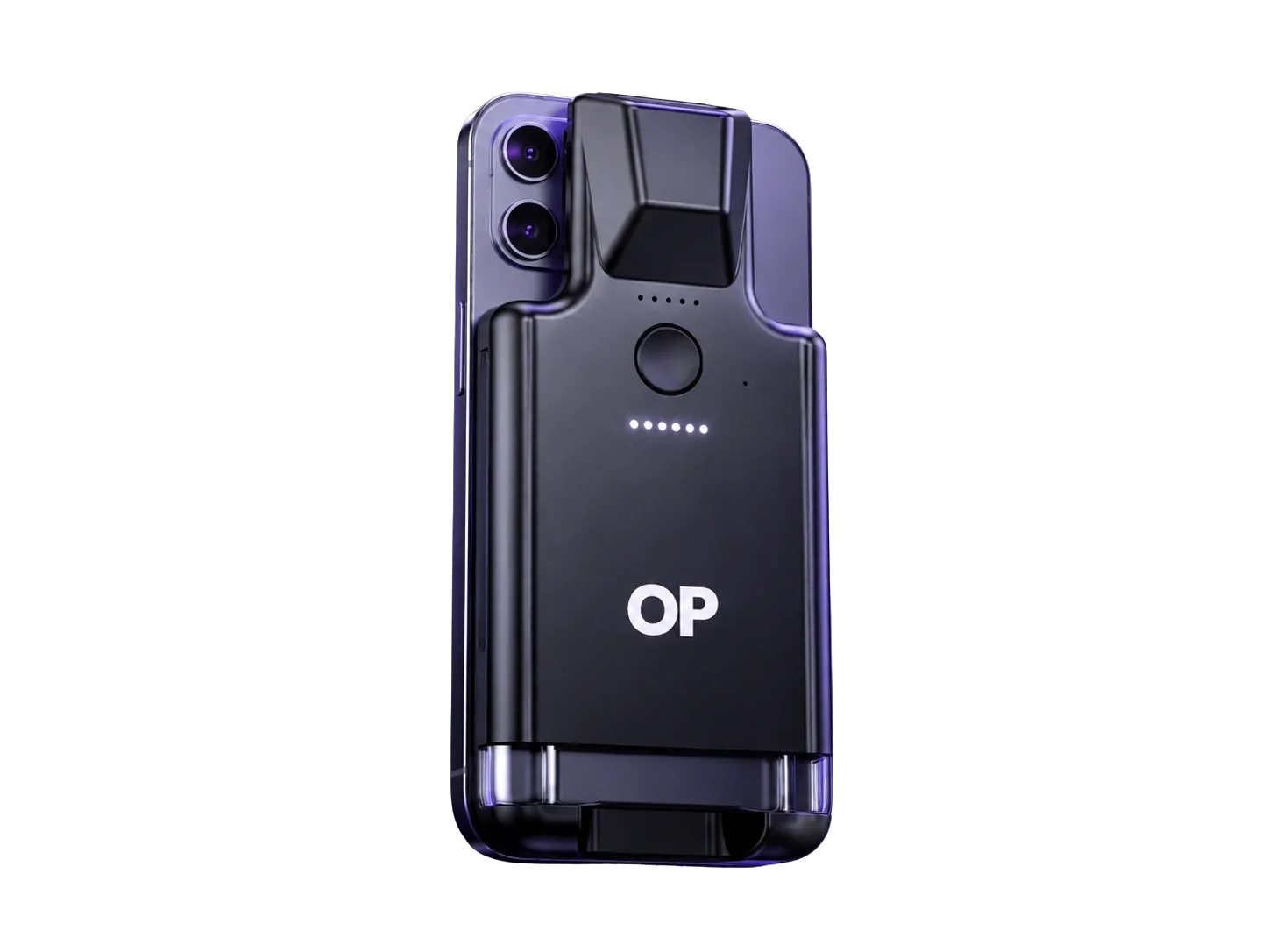 The OpsUI mobile barcode scanner: a slim OP-branded scan module clipped to the back of a smartphone case, shown from behind against a light studio background.