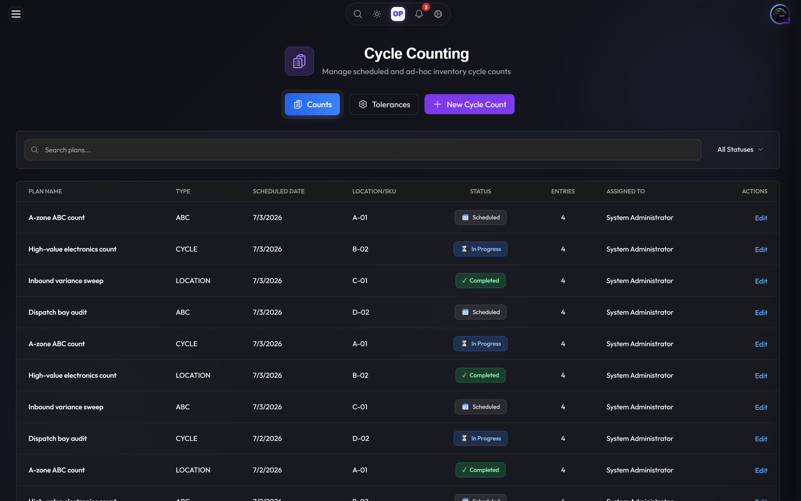 Cycle Counting module, OpsUI product screenshot