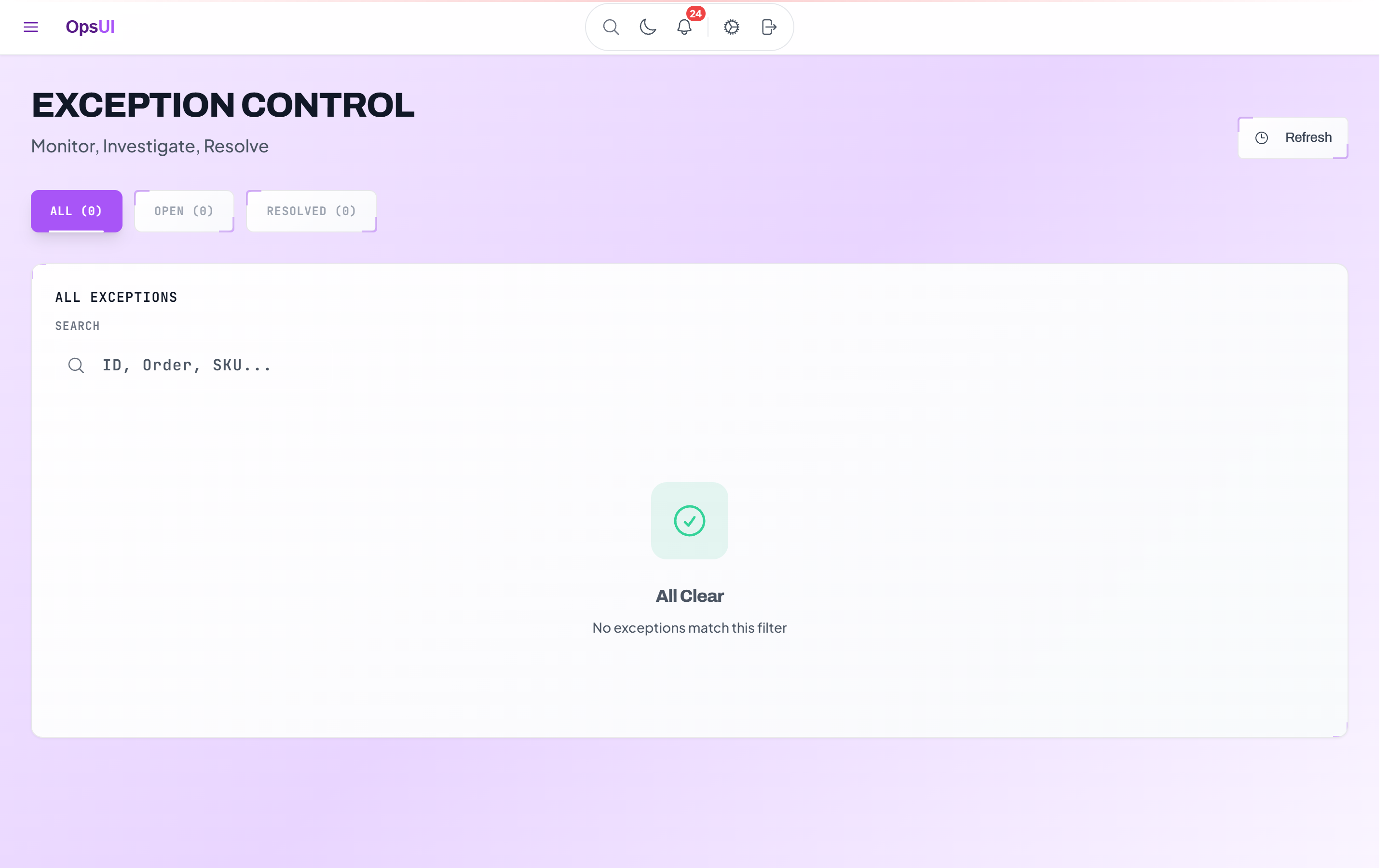 Exceptions Management module — OpsUI product screenshot