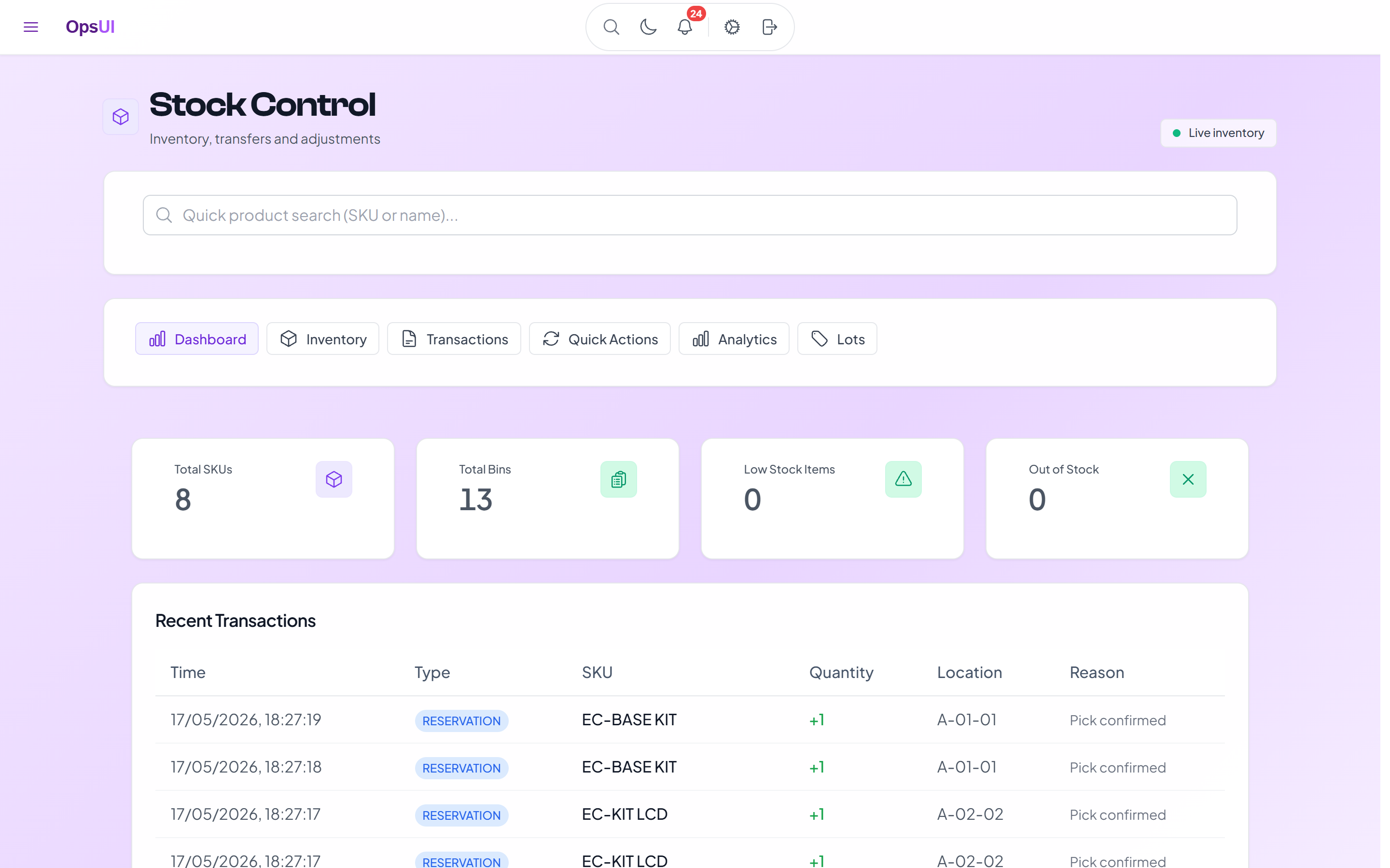 Inventory module screenshot — SKU, bin, batch, serial, multi-location