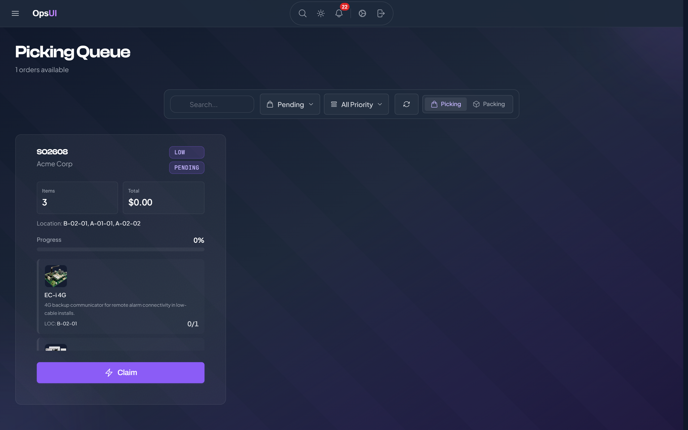 Orders module screenshot — Claim → pick → pack → ship