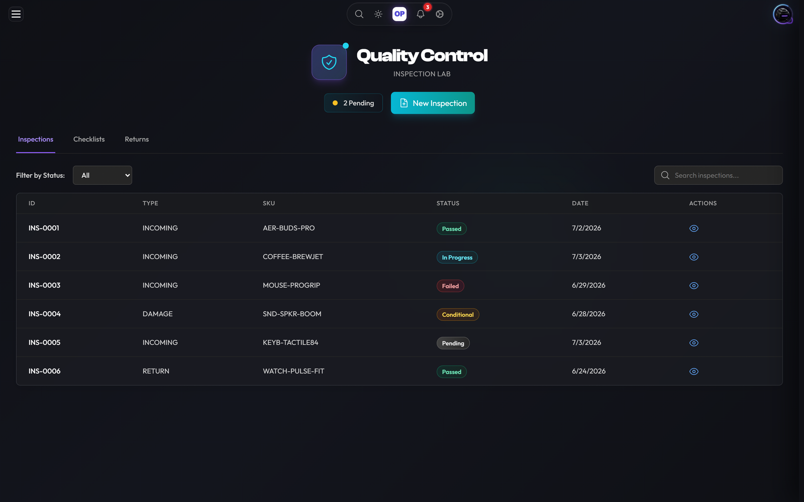 Quality Control module, OpsUI product screenshot