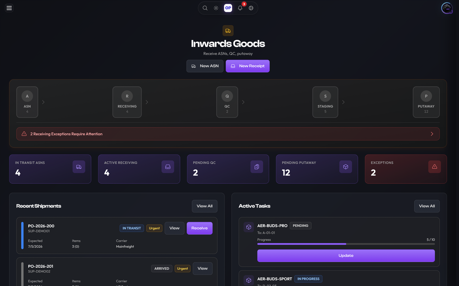 Receiving/Inbound module, OpsUI product screenshot