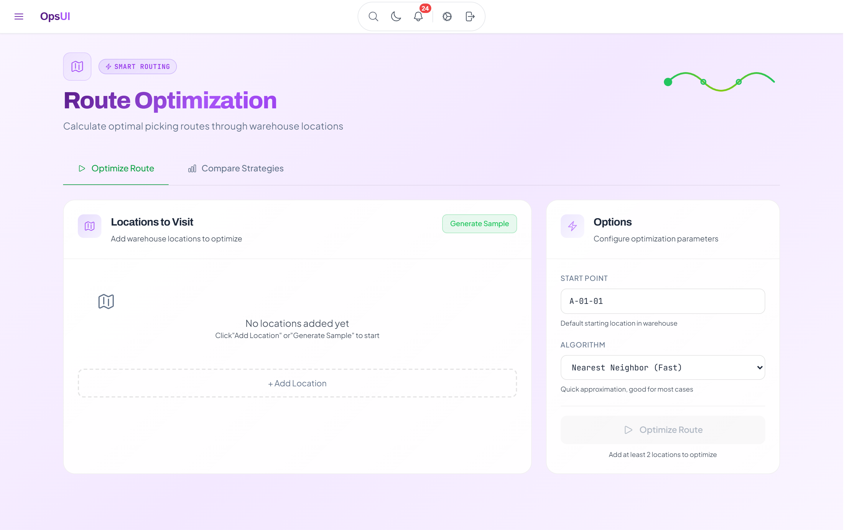 Route Optimization module — OpsUI product screenshot