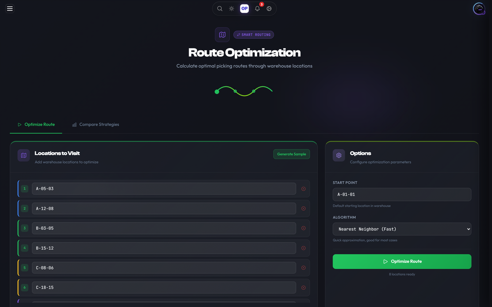 Route Optimization module, OpsUI product screenshot